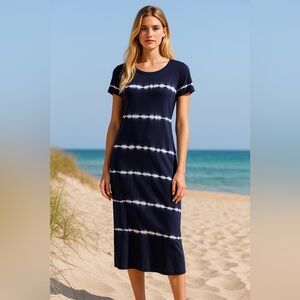 Vince Blue and White Sheath Midi Dress Casual Crew Neck